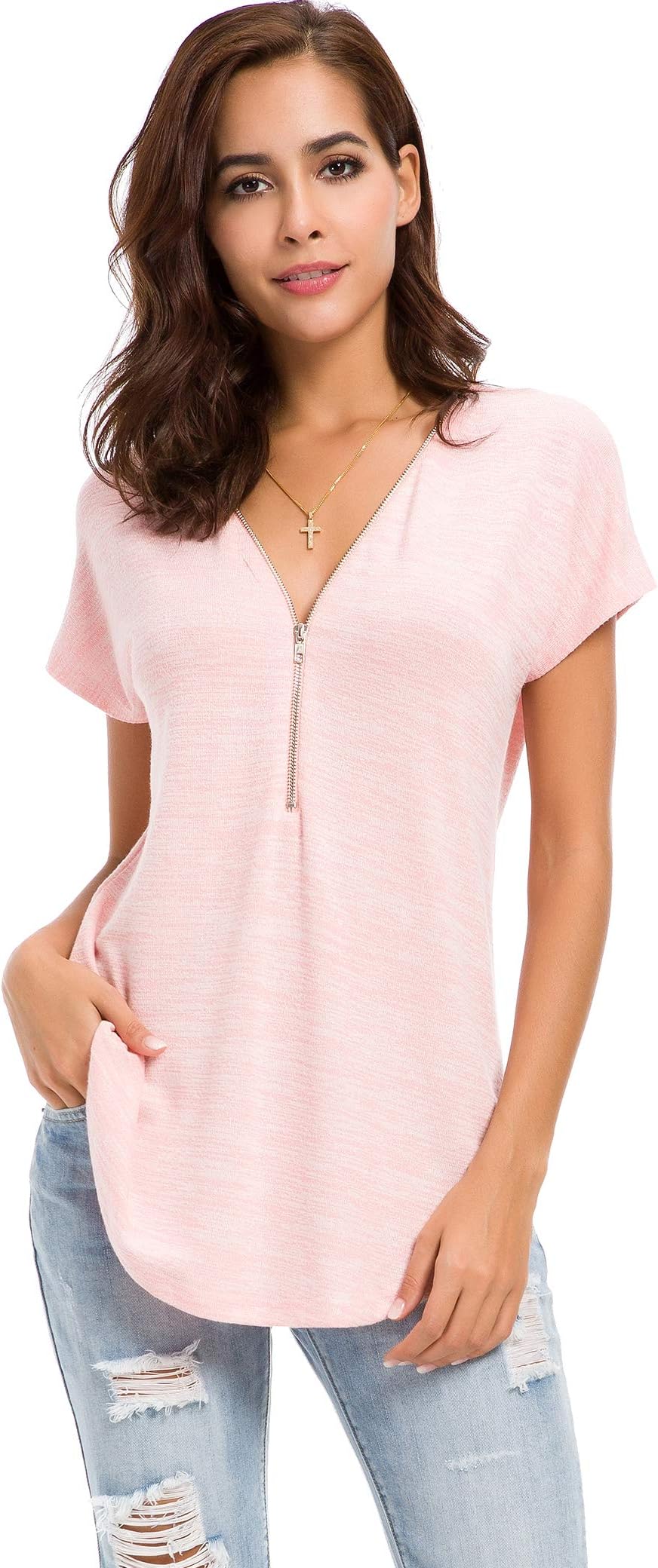 LUSMAY Womens Loose Fitting Zip Up Deep V Neck Short Sleeve Tops Tunic Casual T Shirts Blouse