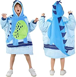 MIZZEO Kids Wearable Blanket Hoodie, Oversized Sherpa Wearable Blanket with Hood Pocket and Sleeves for Toddlers, Cute Hoodies 2-6 Year Old Girls Boys Youth Birthday Gifts (Dinosaur)