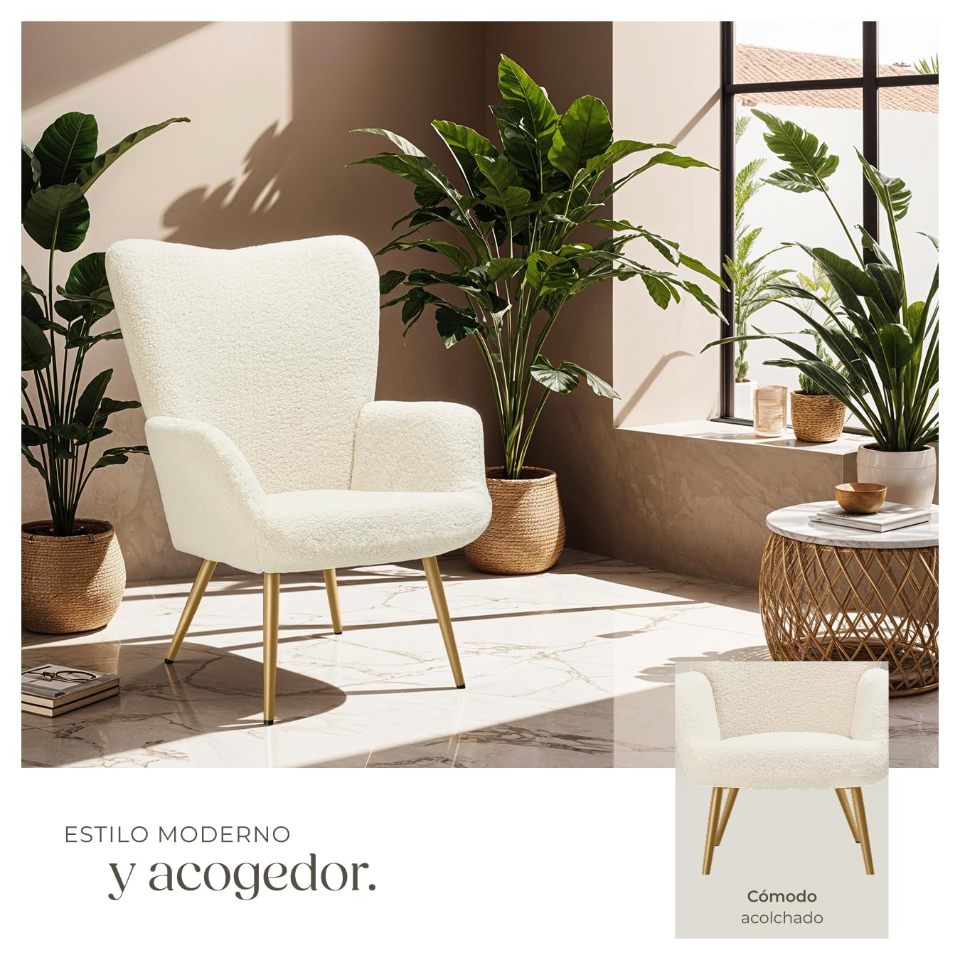 tectake® Sillón Orejero Estilo Escandinavo, Butaca de Salón con Tapizado en Tejido Bouclé, Sillón Lectura con Respaldo Ergonómico, Ideal Mueble de Salón, Topes en Patas, hasta 150kg - Crema/Dorado