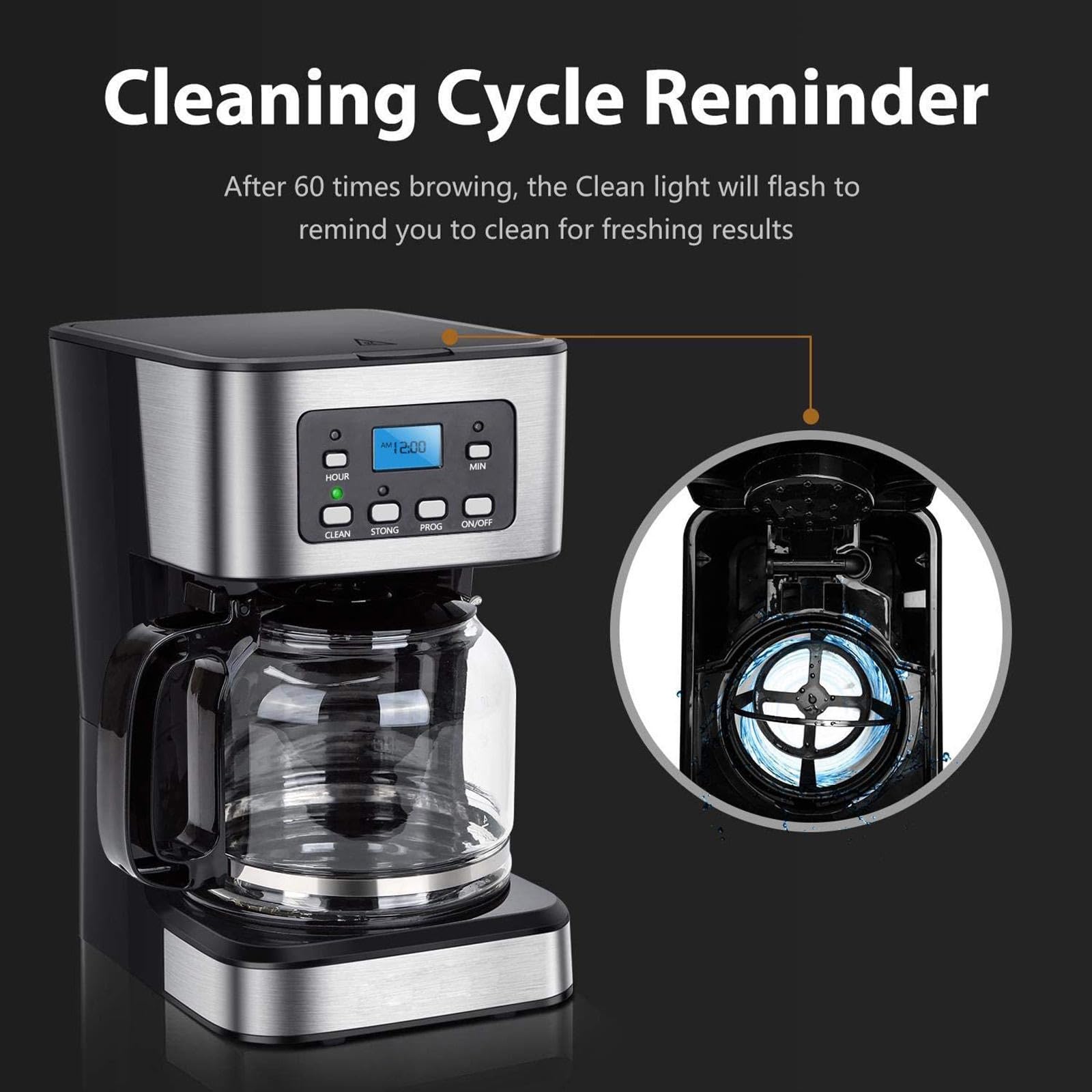 Cafetière Programmable de 12 Tasses pour La Maison et Le Bureau, Cafetière Goutte à Goutte avec Maintien Au Chaud, Carafe en Verre, Filtre Réutilisable, Système Anti-Goutte, Arrêt Automatique
