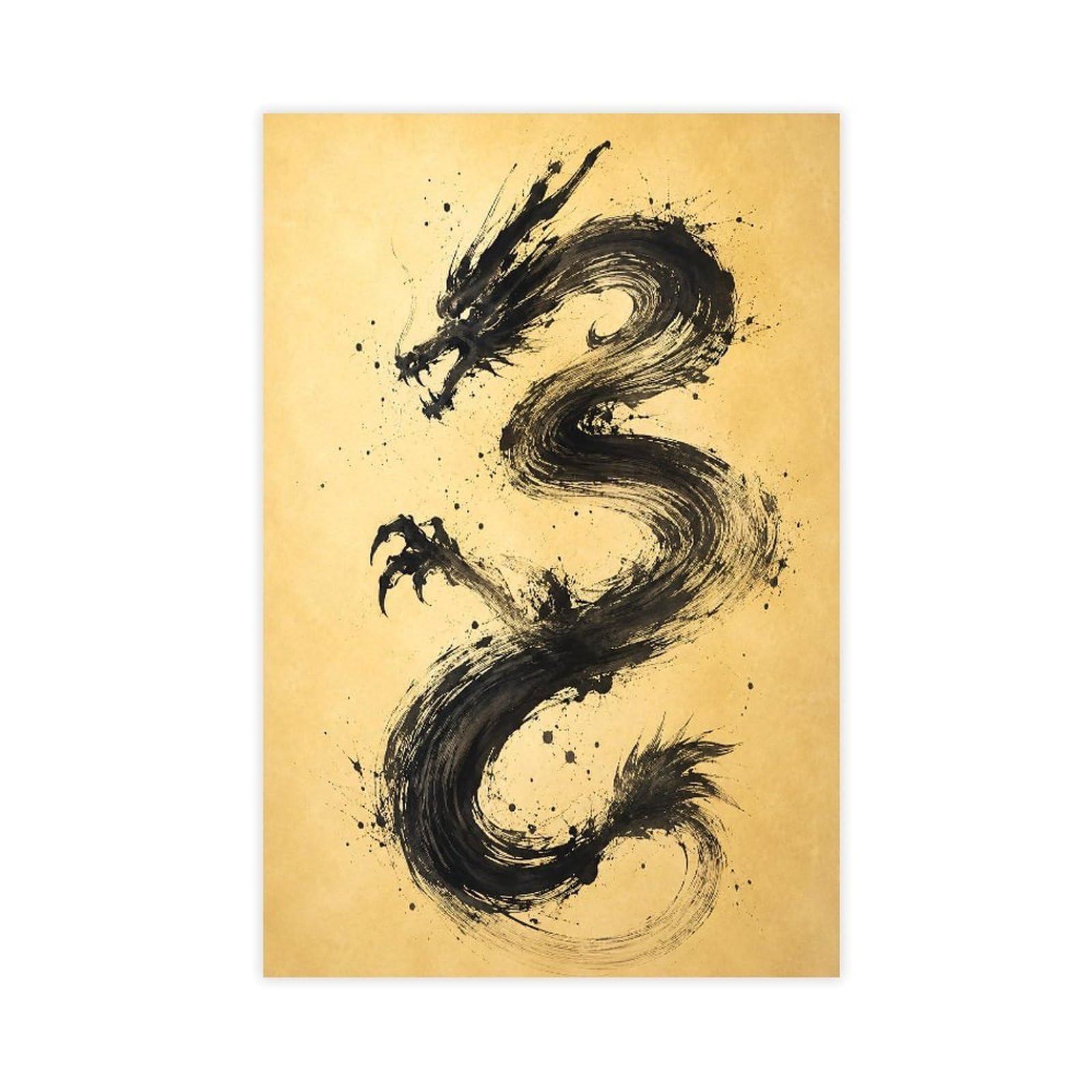 W7c8u2x3 Unframe-Style-14 Black Dragon Brushstroke Canvas Wall Art, Asian Ink Gongbi Painting