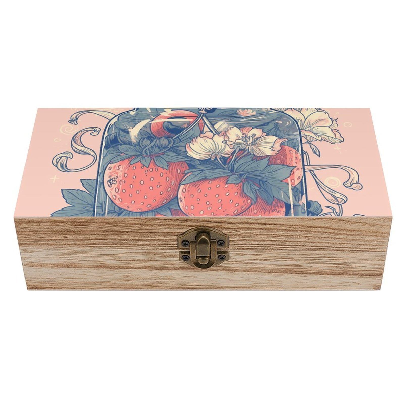 Wooden Storage Box Jar with Strawberries Wood Gift Box with Hinged Lid Vintage Decorative Jewelry Boxes Memory Box for Jewelry Art Hobbies Home Storage Treasure Keepsake Gift 7.9''x3.9''x2.3''