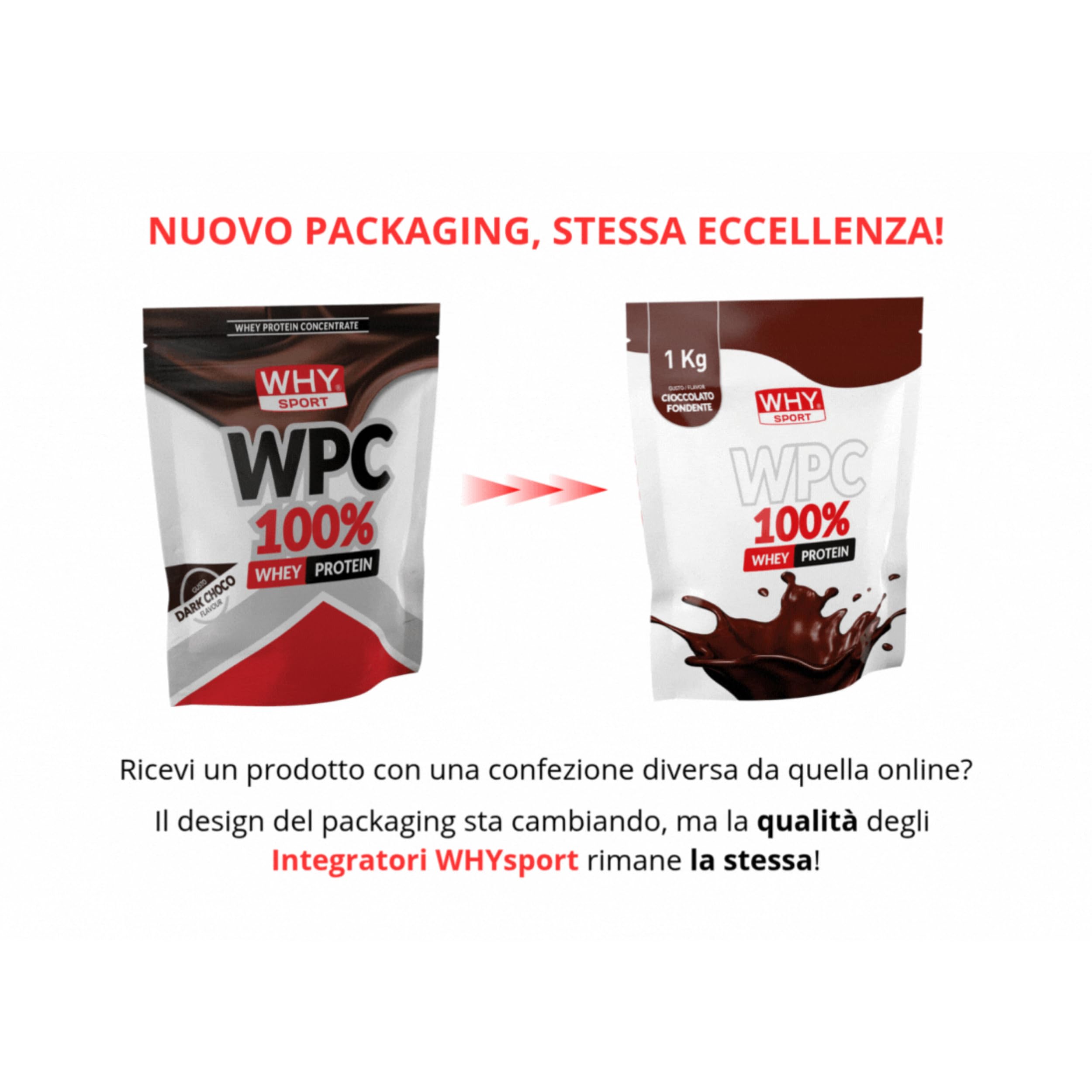 WHY SPORT WPC 100% WHEY - Proteine Whey - Proteine in Polvere per la Massa Muscolare - Senza Glutine - Gusto Cioccolato fondente -1 Kg