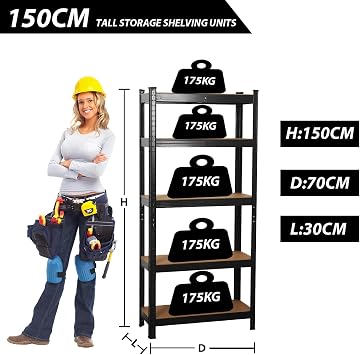 Garage Shelving Units,5 Tier Shelving Unit Garage Shelves Storage Shelf Heavy Duty Shed Storage Racking Shelf Metal Boltless for Warehouse Workshop Office (Black, 70X30X150)