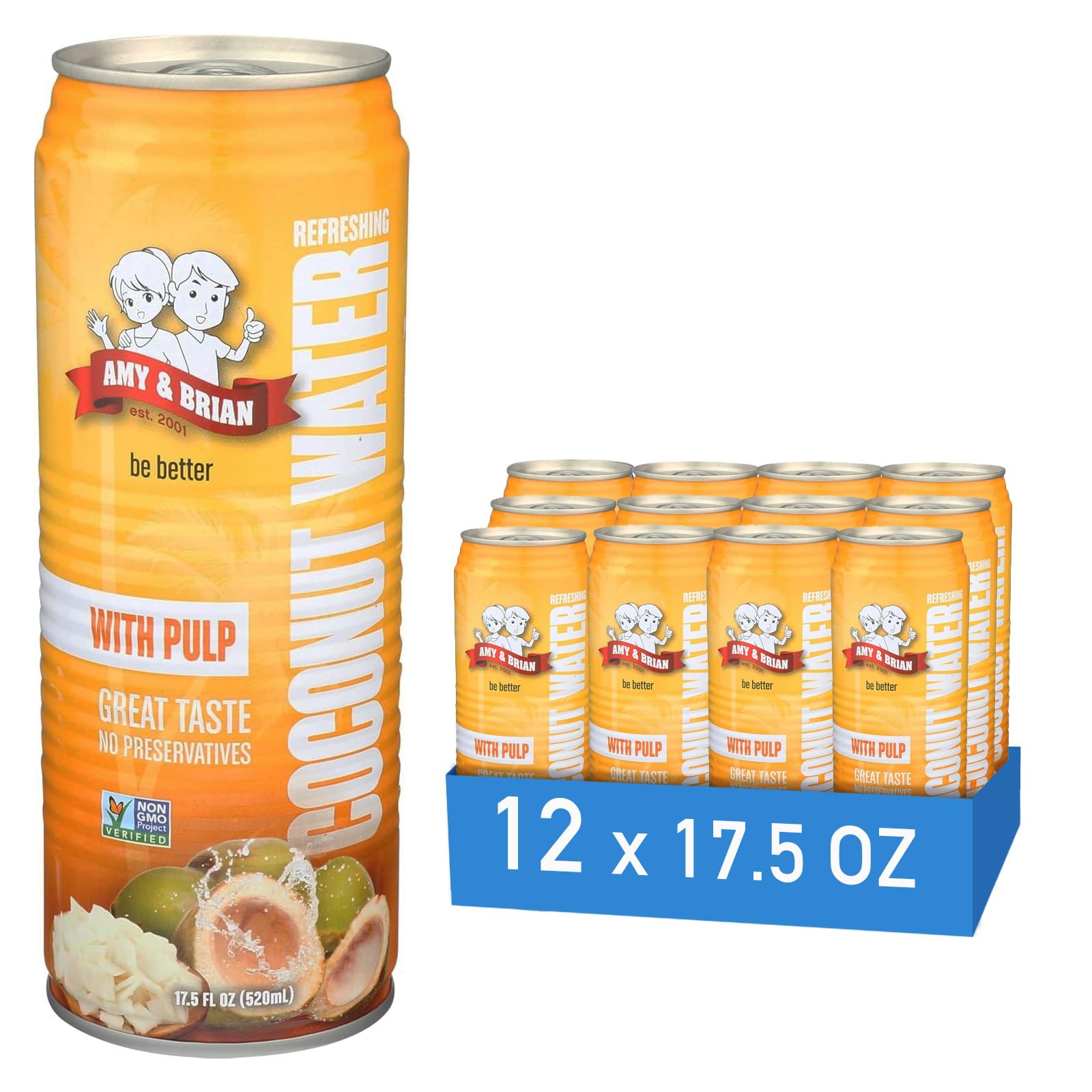 Amy & Brian Pure Coconut Water with Pulp, Non-GMO, No Sugar Added, Refreshing and Hydrating Real Coconut Water, 17.5 Fl Oz (Pack of 12)
