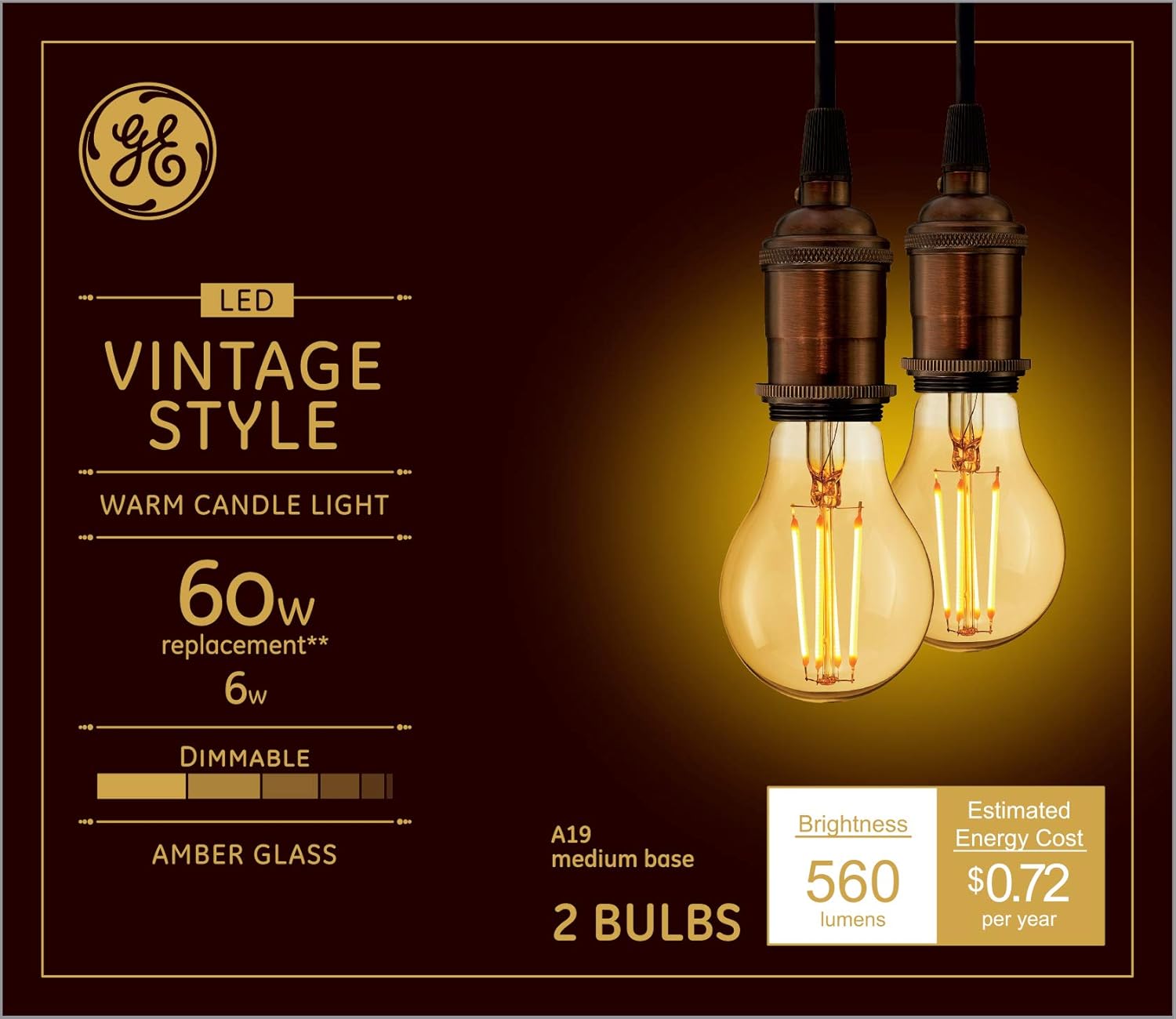 GE Lighting Vintage Style LED Light Bulbs 6 Watts 60 Watt Equivalent Warm Candle Light Amber Glass Medium