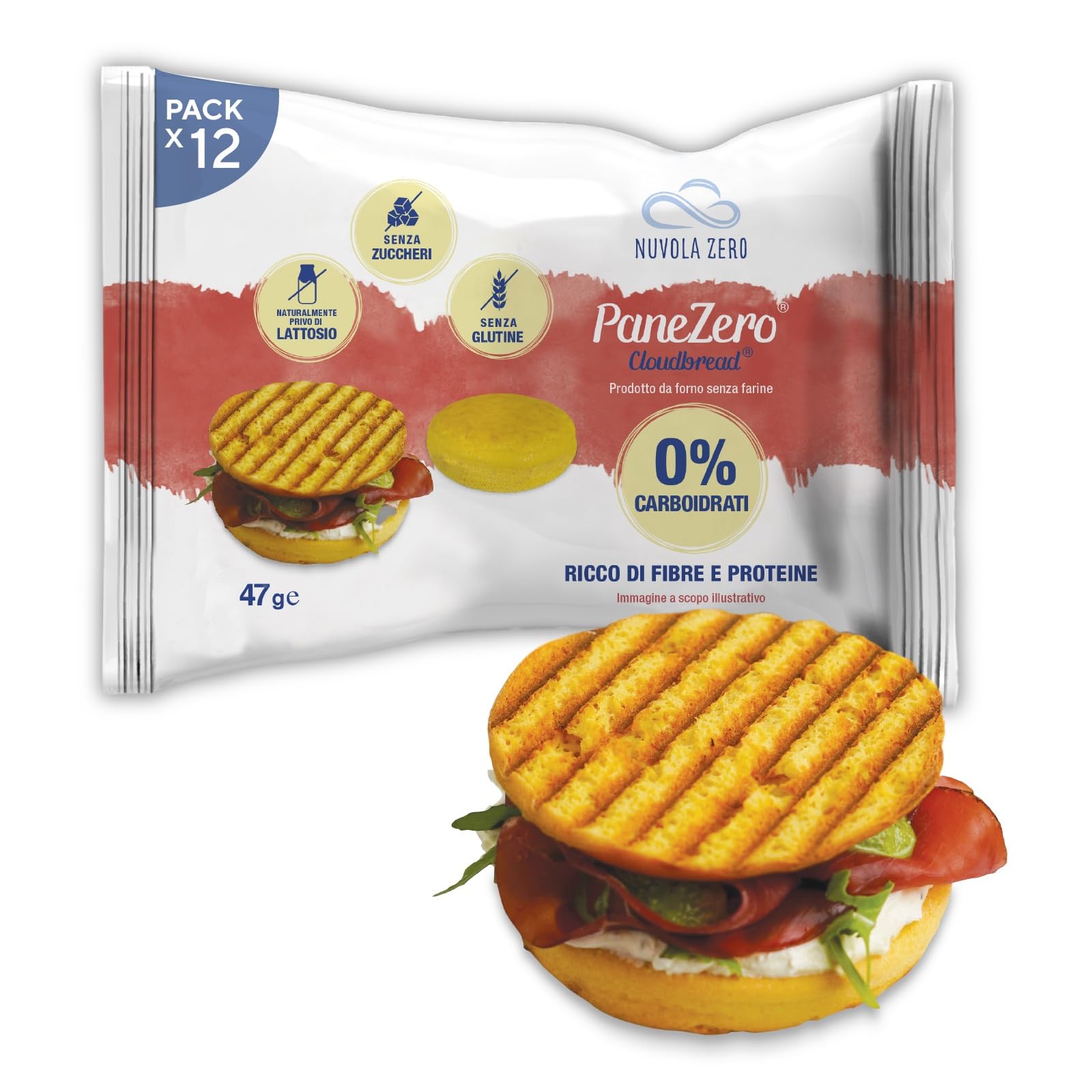 Nuvola Zero - Pane Zero Cloudbread, Pain Sans Carb, Sans Sucre, Sans Lactose, Riche en Fibres et Protéines, Sans Gluten, Paquet de 12, Fabriqué en Italie