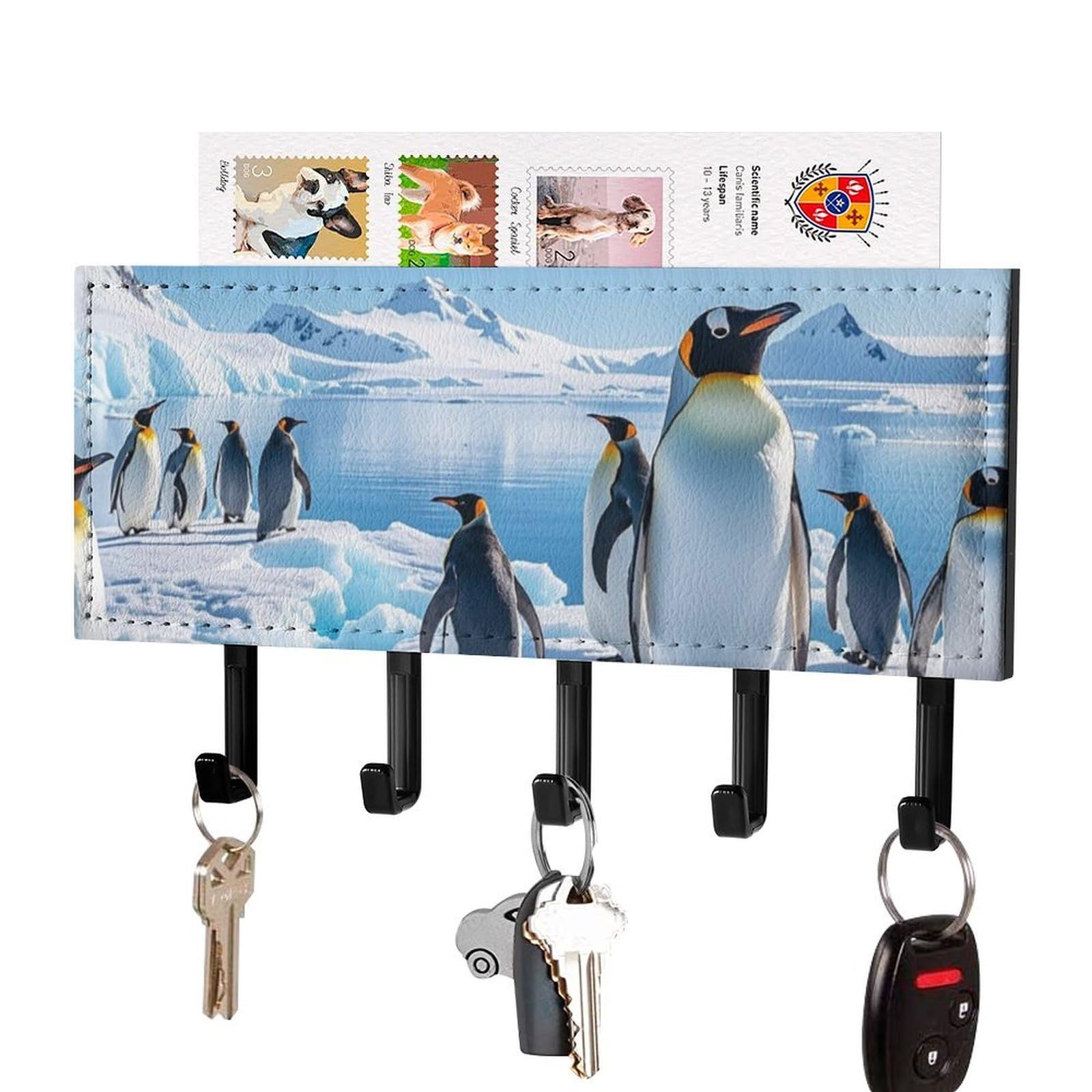 Fekiloot Black-Style Penguin Antarctica Ice Key Holder Wall Mount Key Hanger With 5 Hooks Decorative Key Rack Hanging Key Hooks With Mail Organizer Key Holder For Wall Living Room Kitchen Bathroom Hallway Black