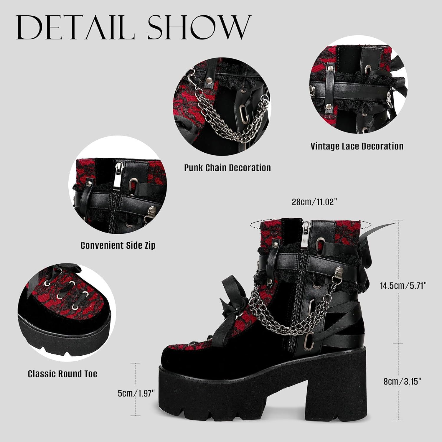 Parisuit Womens Victorian Lace Platform Goth Boots Chunky High Heels Ankle Boots Lace-Up Punk Combat Booties