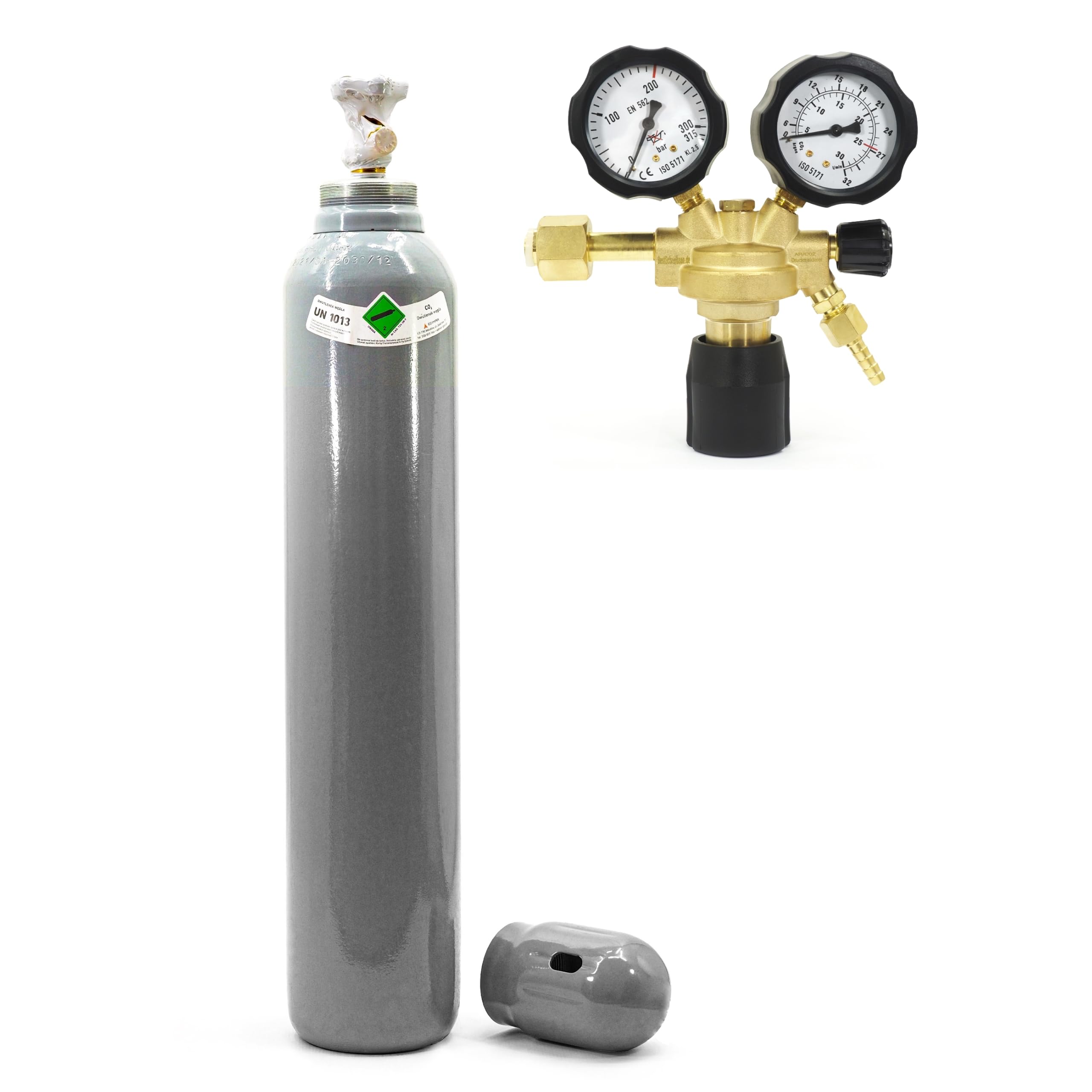 CO2 Flasche 10L 7,5kg gefüllt mit Mini Druckminderer Ar/CO2-2 Manometer für präzise Schweiß- und Industrieanwendungen Bestschweissen.de