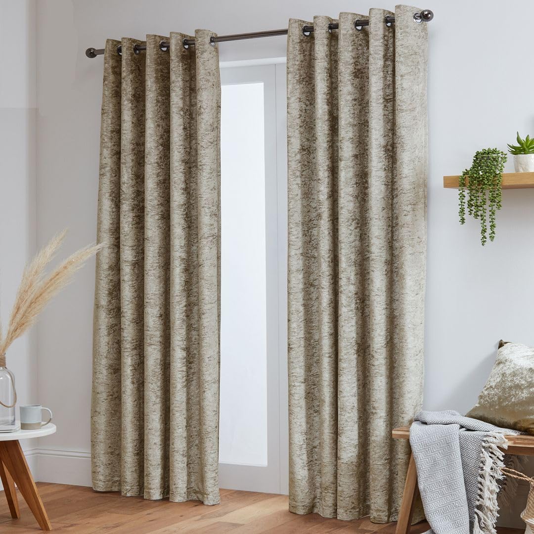John Aird Crushed Velvet Fully Lined Eyelet Curtains (Cream, 66" Wide x 54" Drop)