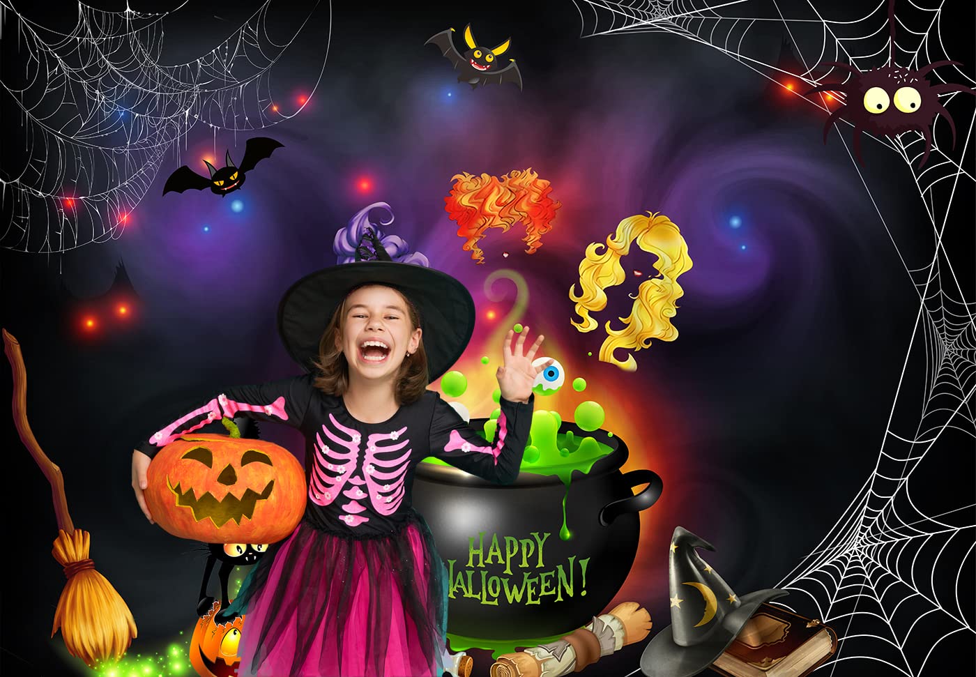 Photo 1 of Halloween Photography Backdrop for Kids Trick or Treat Witches Magic I Smell a Child Holiday Party Background Banner Pumpkin Bat Broom Decration Decor Photobooth Props Supplies 7x5ft 7'x5'