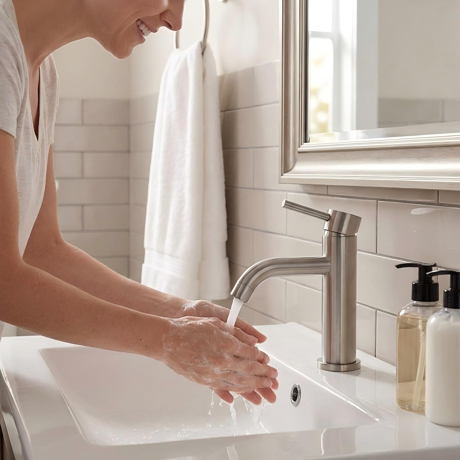 Ibergrif mitigeur lavabo monocommande gris en acier inoxydable | Levier unique, économie d'eau, cartouche en céramique, facile à installer