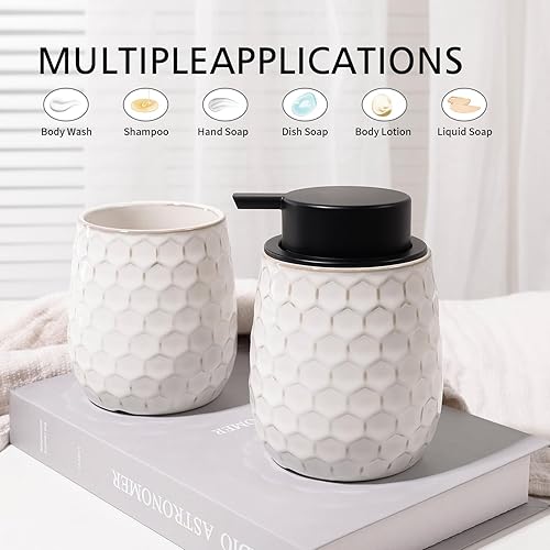 Miniatura 5 de Dispensador de jabón, dispensador de jabón de manos líquido de cerámica de 13 onzas con diseño de panal para cocina o baño, dispensador de loción