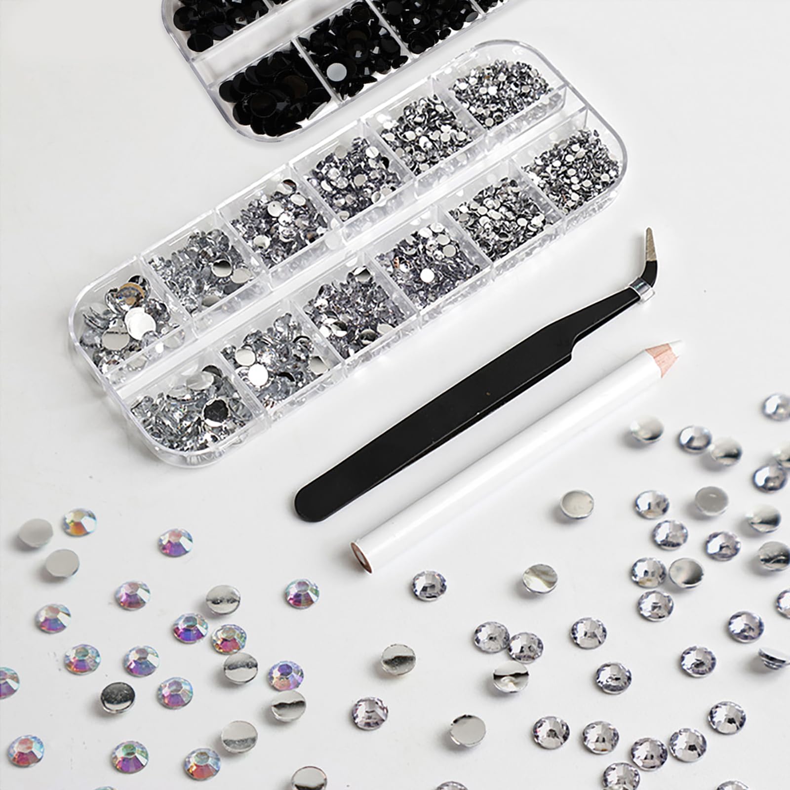4320 pezzi di Strass Make Up, colore Nero e Transparent AB, per nail art, 5 Dimensioni, strass trasparenti rotondi con Pinzette e Matita di Cera, DIY Strass per Scarpe