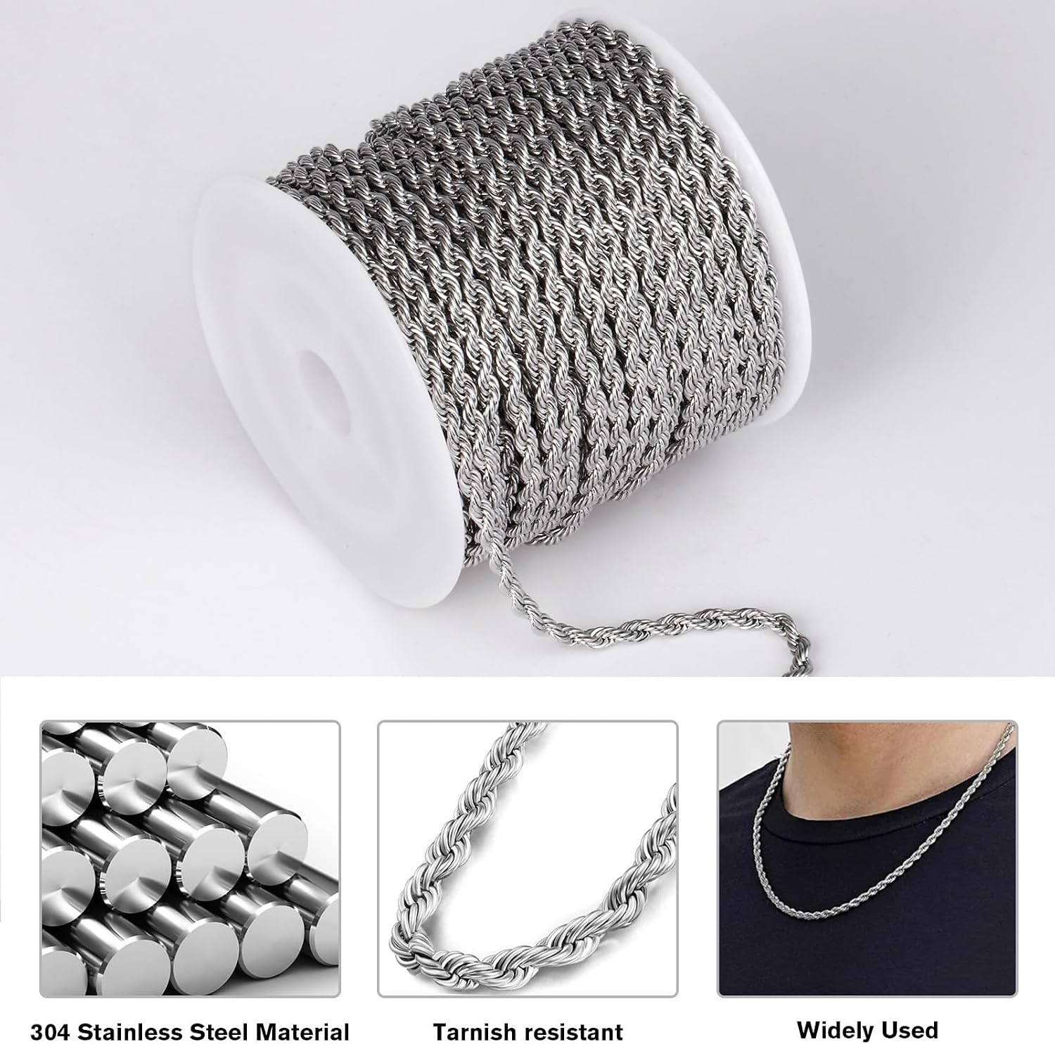 Cadikez [33FT] Stainless Steel Rope Chain, 4mm Width 304 Stainless Steel Rope Chains Roll Bulk for Jewelry Making
