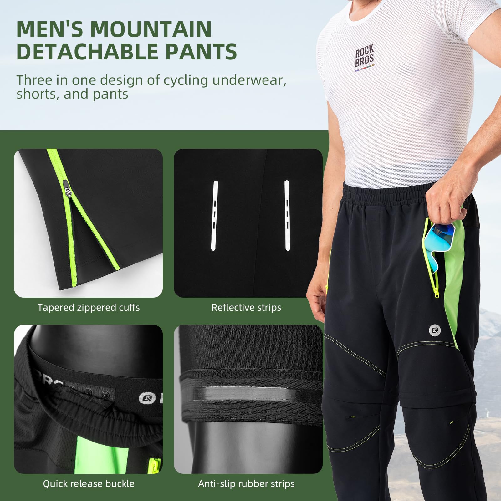 ROCKBROS Fahrradhose Doppellagig Abnehmbar Sporthose Lang Radhose mit Sitzpolster Gepolsterte Fahrrad Hosen Herren Atmungsaktive MTB Rennrad