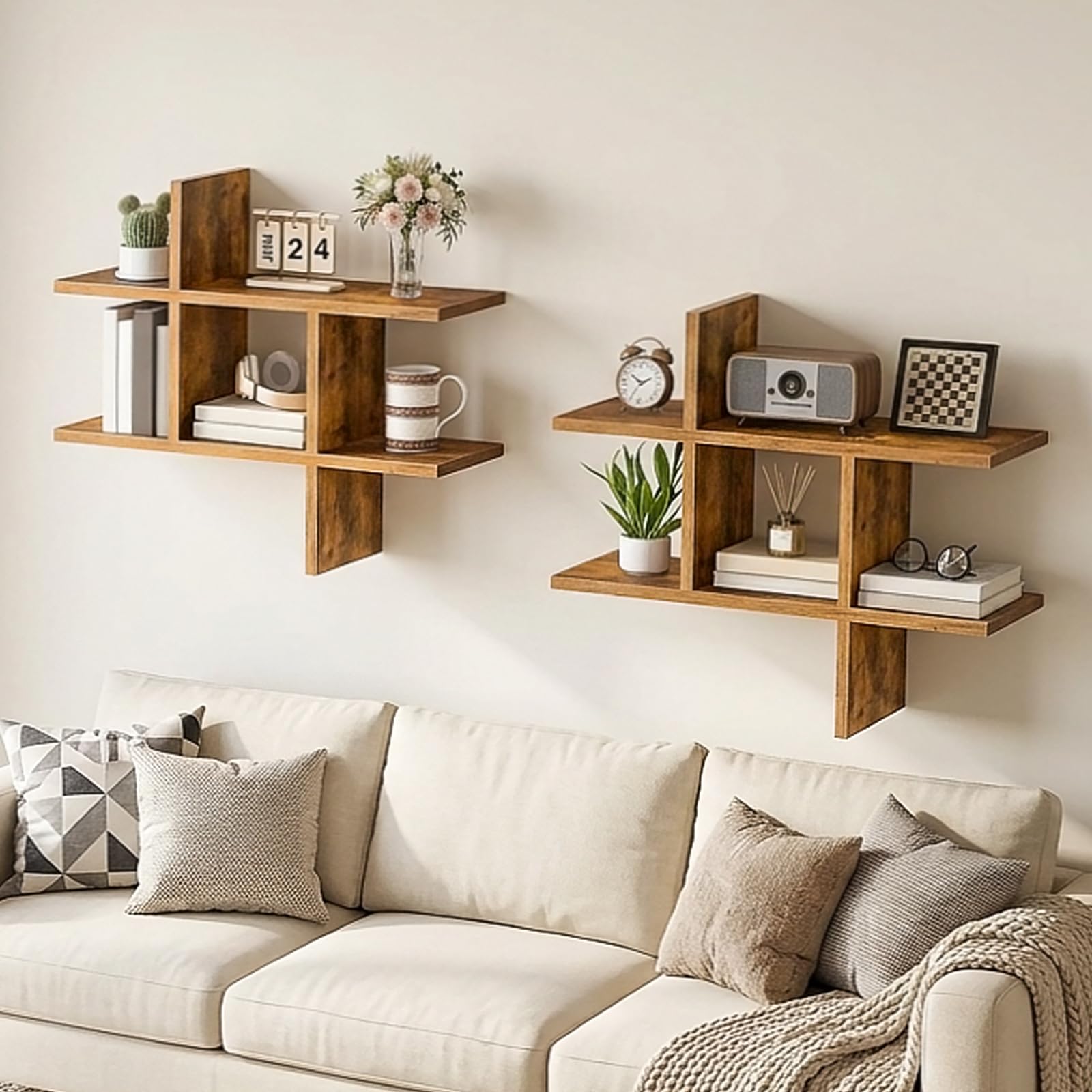 HOOBRO Wall Shelves, Set of 2, Floating Shelves for Wall, Accent Shelves, Wall-Mounted Display Shelves, for Living Room, Study, and Bedroom, Rustic Brown EFG65BJP201