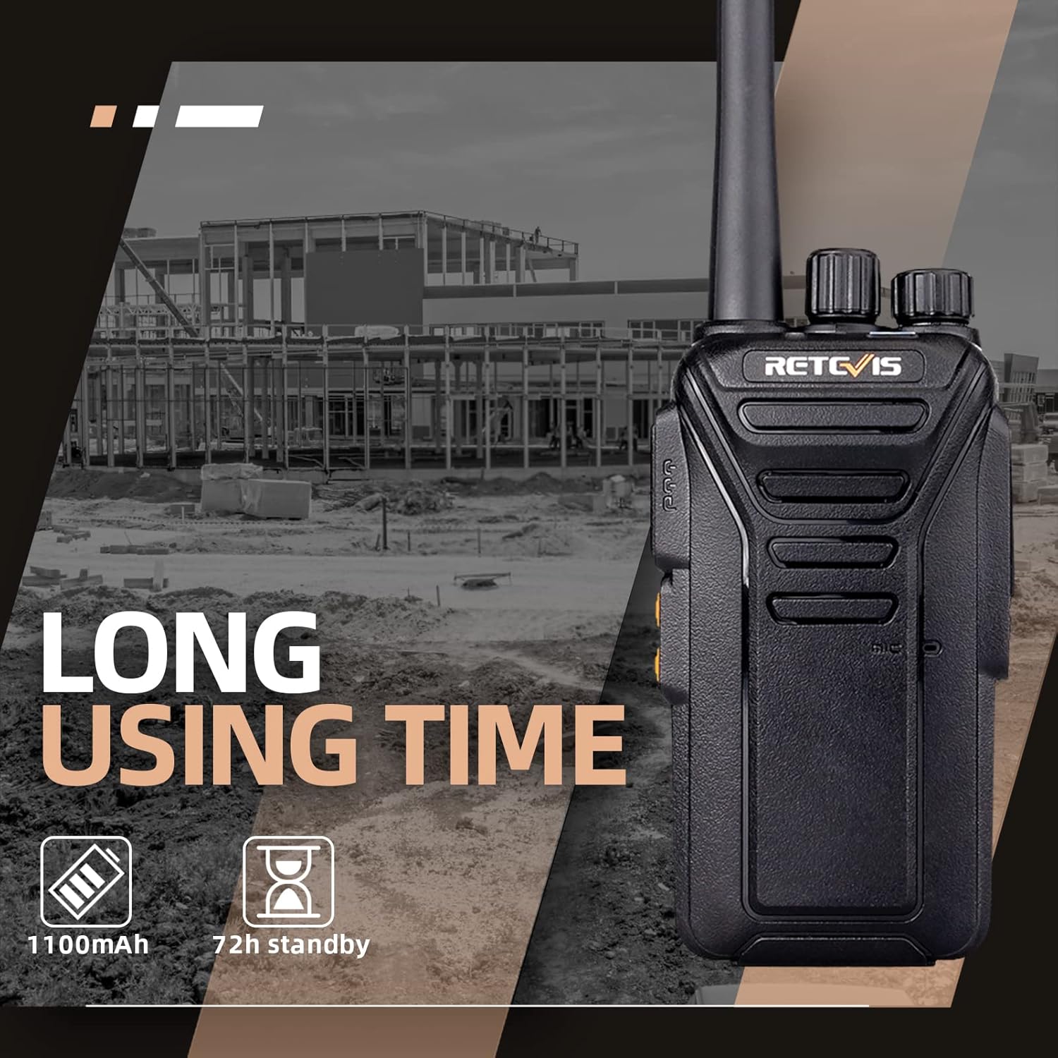 A Retevis RT27 walkie talkie with icons for 1100mAh battery and 72h standby, indicating long usage time.