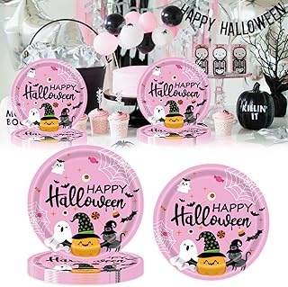 24 Pcs Happy Halloween Party Disposable Paper Plates Cute 9 Inch Round Dinner Plates for Birthday Party Dinner Decorations (Pink Ghost Pumpkin Black Cat)