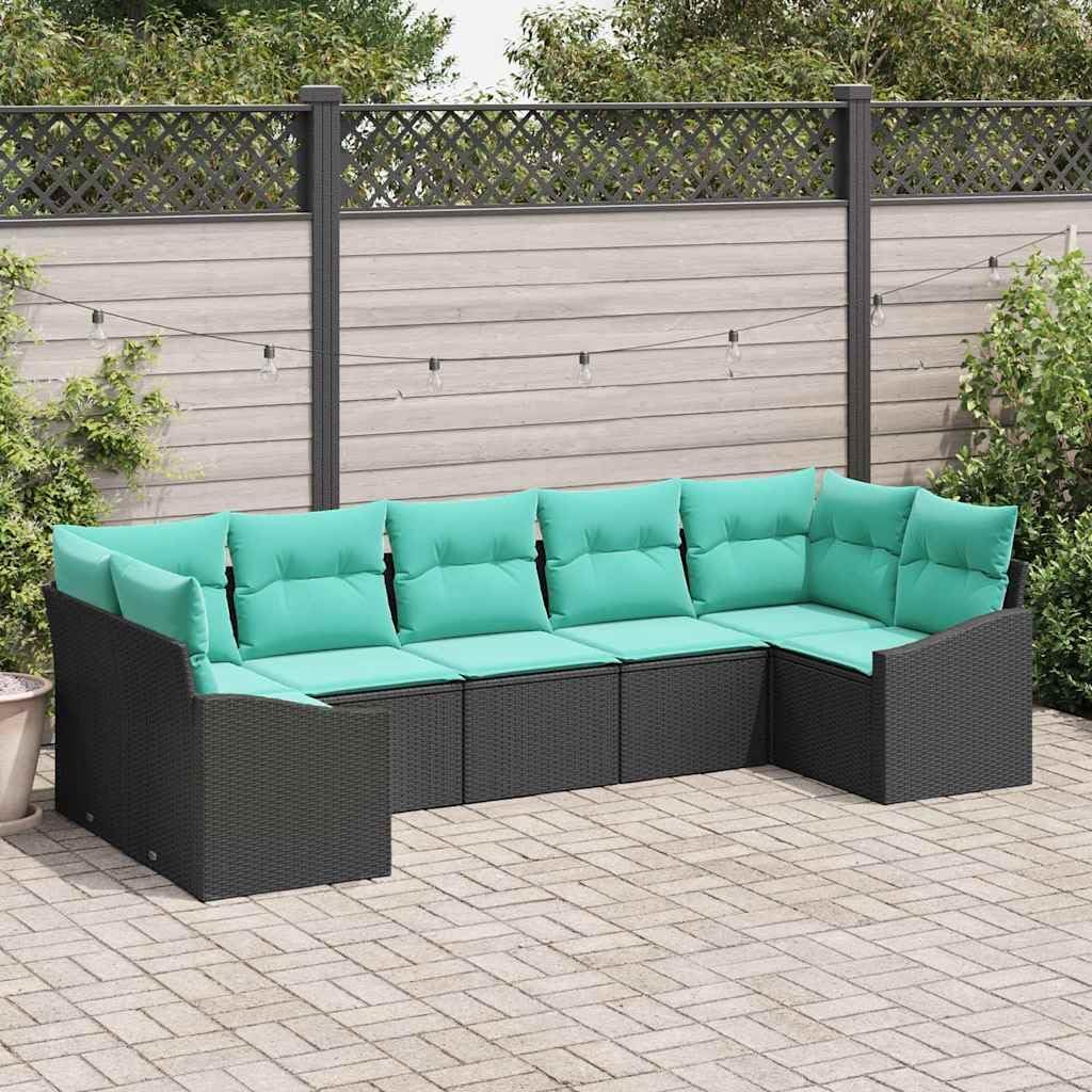 Garden Sofa Set 7 pcs Black and Turquoise Poly Rattan Outdoor Furniture with Comfortable Cushions, Modular Patio Sofa for Backyard, Poolside, Balcony, All Season Use, Easy Assembly