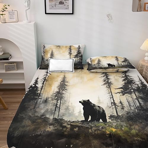 Miniatura 8 de Juego de sábanas de oso tamaño Queen, sábanas de animales, sábanas y fundas de almohada estampadas de 4 piezas, sábana bajera ajustable de