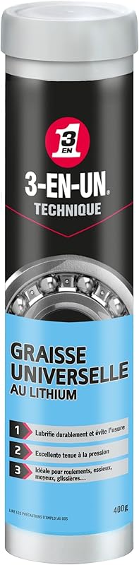 3-EN-UN Technique • Graisse Universelle au Lithium • Cartouche • Forte adhérence • Résite à l'eau et à la chaleur • Utilisation entre -20°C et +140°C • Adaptée pour une pompe à graisse • 400 G