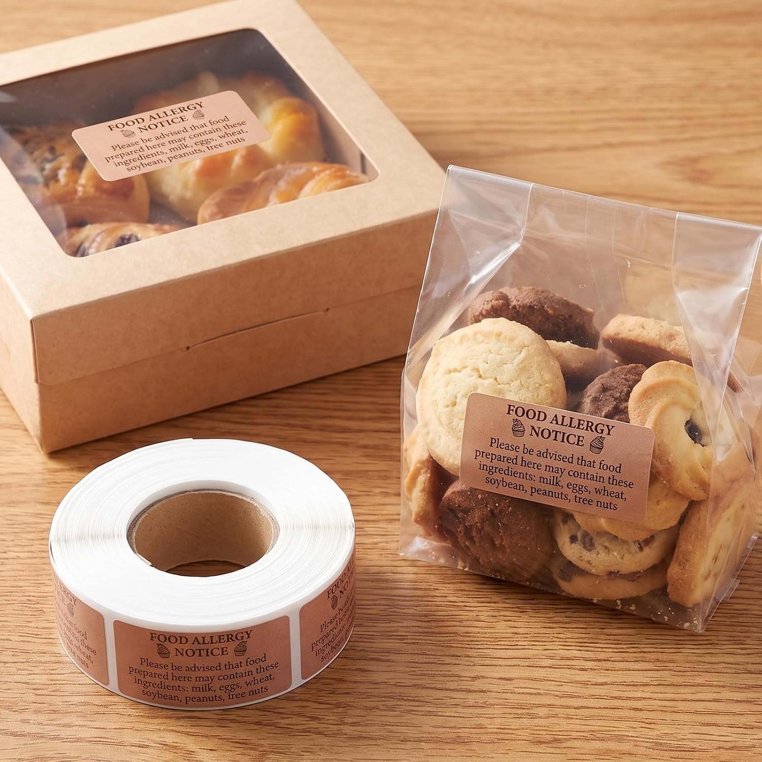 1800 Pcs 1x2'' Food Allergy Warning Labels, 3 Rolls of 600 Each, Brown