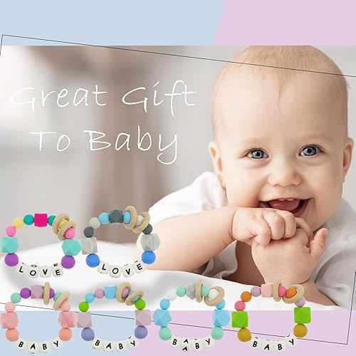 Miniatura 3 de Anillo mordedor personalizado para bebé con nombre, pulsera de dentición de sonajero de silicona personalizada con madera de haya natural,