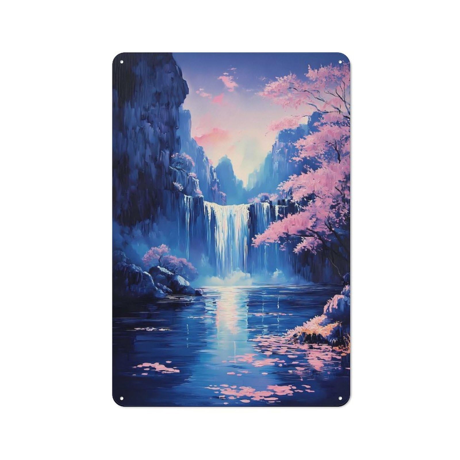 Vintage Tin Sign 30x20cm with Waterfall Serenity Cherry Blossom Nature for Hobby Room Or Studio, for Metal Sign Collectors, for Garage And Workshop Walls