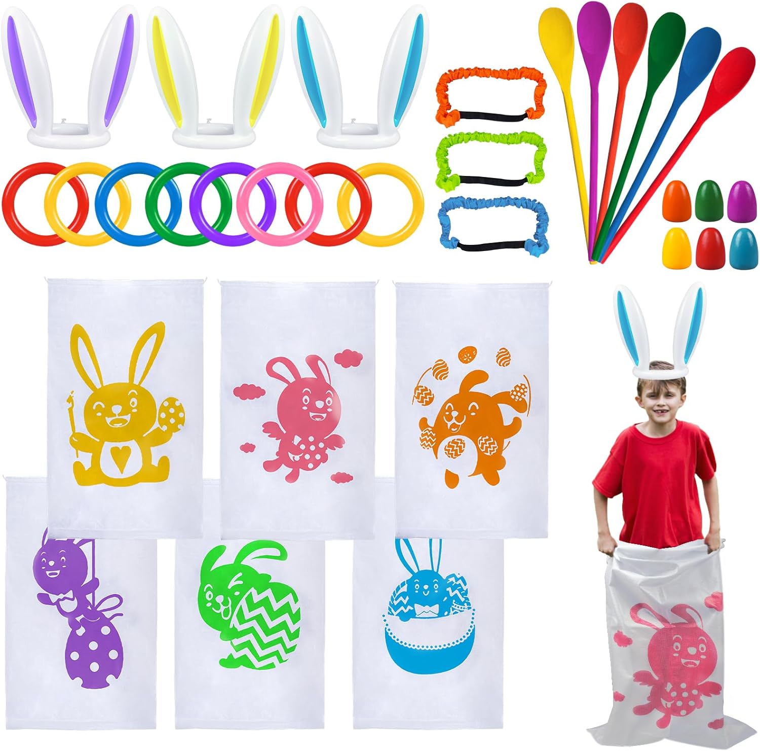 digi Easter Games for Kids and Family- 33 Pcs Potato Sack Race Bags,Egg and Spoon Race,Legged Relay Race Bands Easter Gifts Toys for Kids Outdoor Eggs Hunt Party Favors Activities（Over 3 years old）