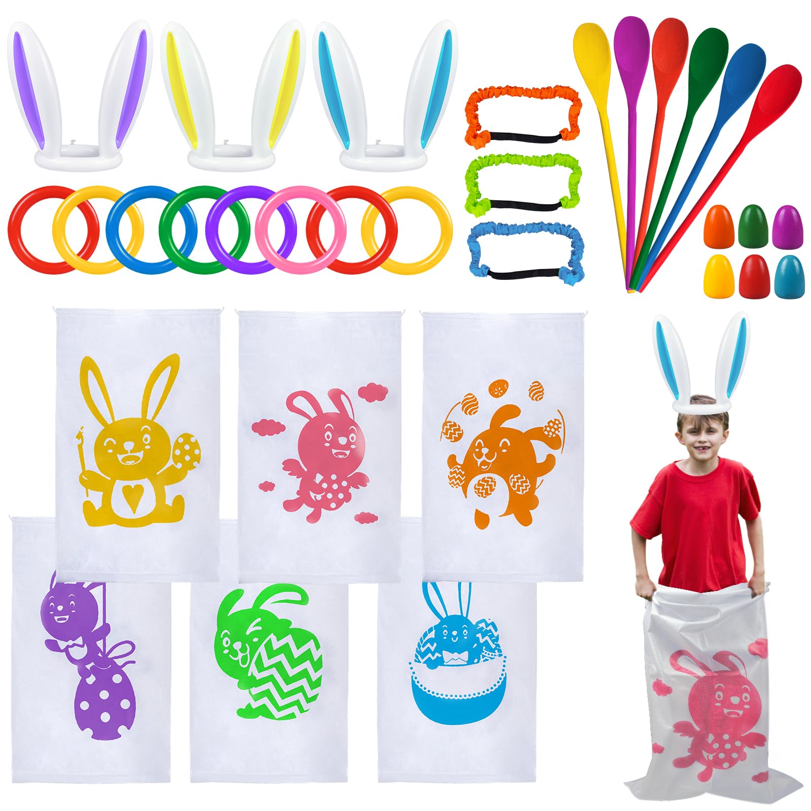 Easter Games Set; Potato Sack Race Bags, Egg And Spoon Race Games Legged Relay Bands Elastic Tie Rope Ages Kids Outdoor Eggs Hunt Game Party Favor Activities