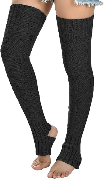 Womens Cable Knitted Thigh high Leg Warmers Extra Long Stirrup Over Knee High Warm Footless Socks Stockings