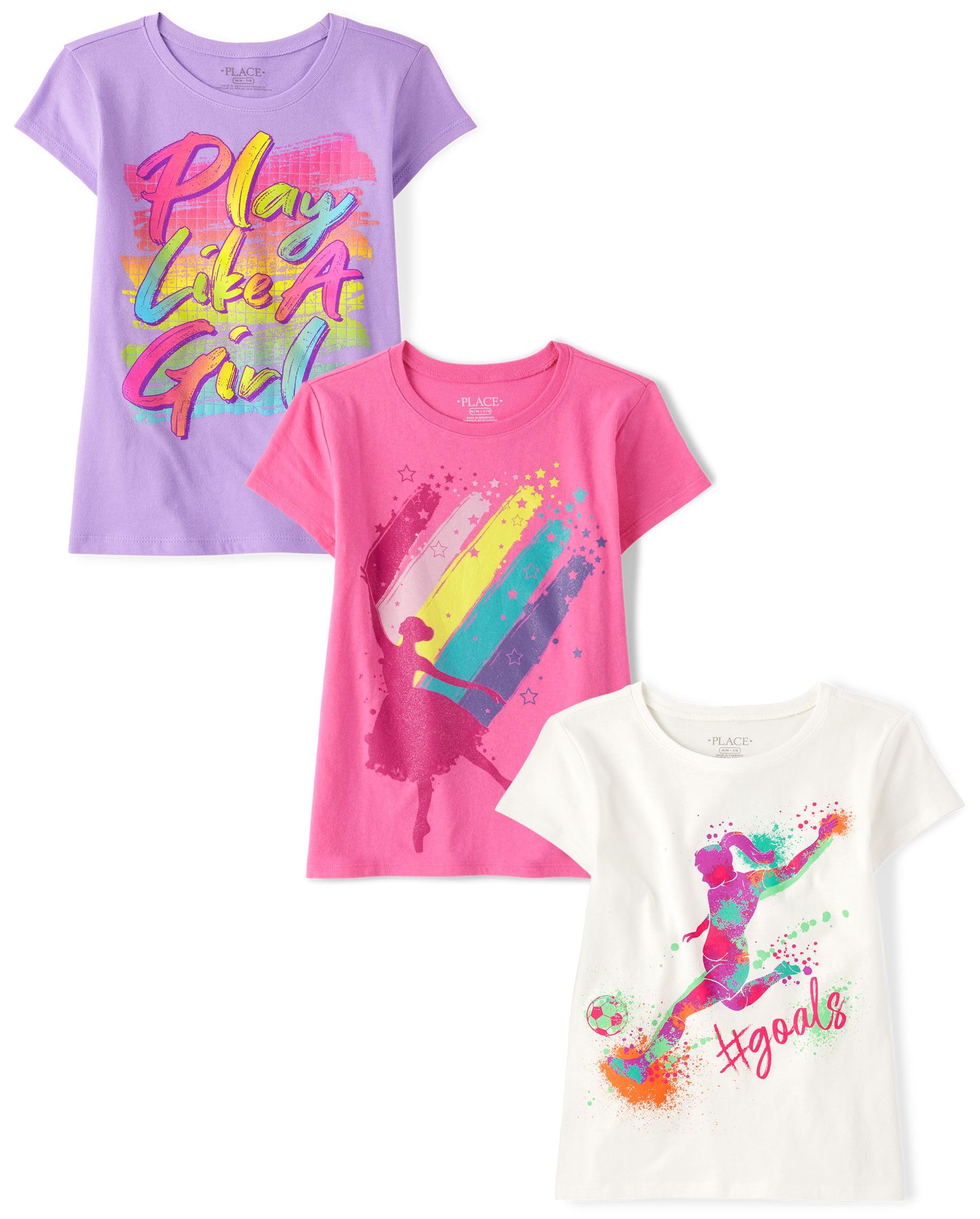 The Children's Place Girl Power Short Sleeve Graphic T-Shirts, Multipacks, 3 Pack Rules for Girls, Ballerina/Goal/Play Like a Girl 3 Pack, XL