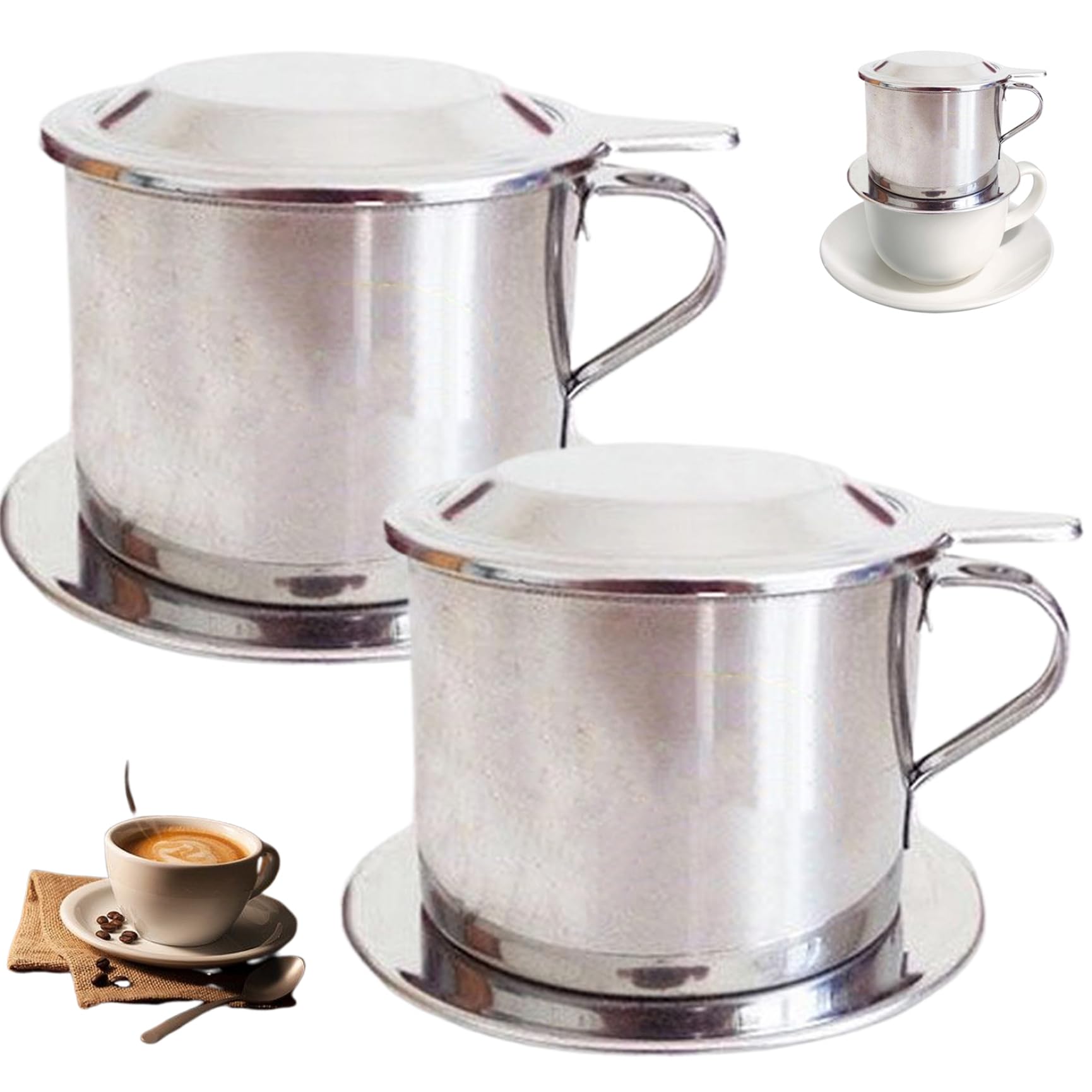 Vietnamesischer Kaffee Dripper 2pcs Set Edelstahl -Kaffee -Dripper -Set enthalten Deckel, Tablett, Filter, vietnamesische Kaffeemaschine mit Griff, Kaffee Tropfer