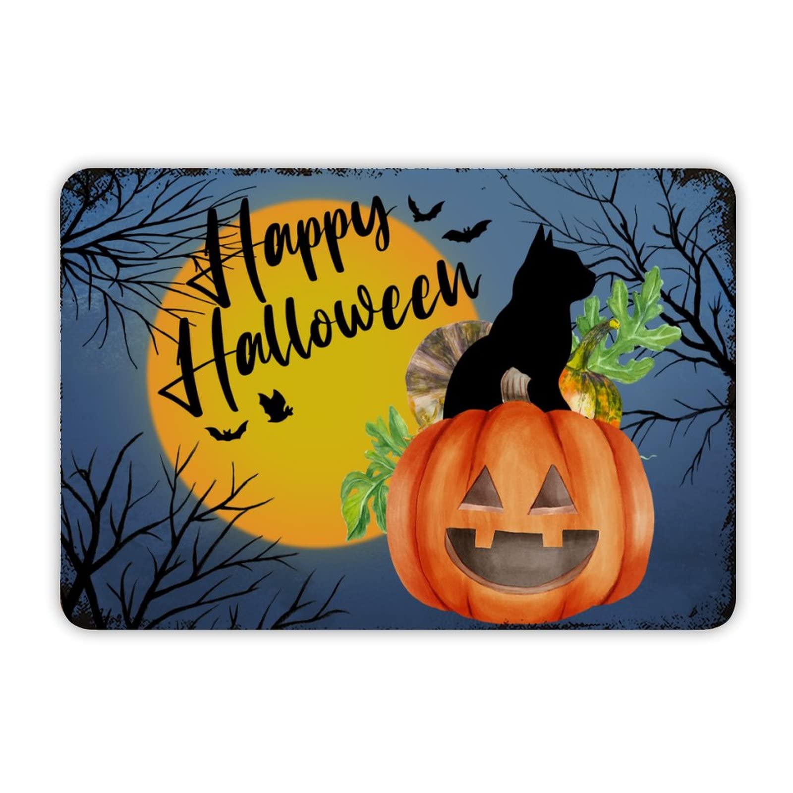 ENEDNATE Farmhouse Man Cave Metal Sign Happy Halloween Moon Night Pumpkin Cat Witch Hat Retro Aluminum Tin Metal Signs for Indoor & Outdoor Yard Office Kitchen Living Room Door Home Décor 8x12 Inch