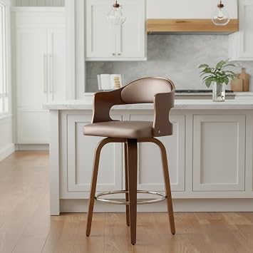 AC Pacific ACBS09 Counter Height Swivel Bar Stool for Kitchen Island, Upholstered in Faux Leather, Mid Century Modern Design, Curved Wood Seat, Metal Footrest and 360 Turn, 27 Inch High, Copper Dust