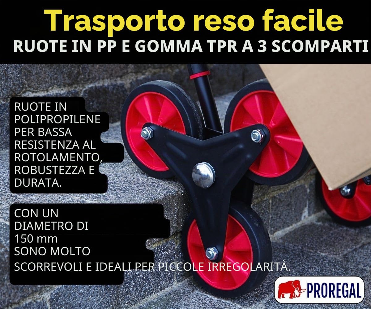 PROREGAL Carrello professionale pieghevole per scale TAURUS 250 | AxLxP 115x52x63cm | Portata 250kg | Telaio in acciaio, maniglie ergonomiche, ruote in gomma TPR | Rosso-Nero