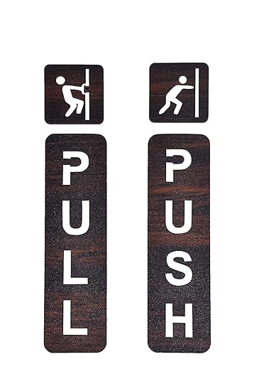 MGNLR Push Pull Door Sign Wood Ply Adhesive Back Combo Brown Color Sticker For Glass Wooden Doors For Business, Stores, Cafes, Shops & More. Indoor And Outdoor Use. (1-SET PULL PUSH BROWN)