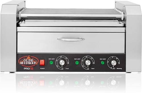 Miniatura 5 de Olde Midway Máquina eléctrica de 18 Hot Dog con 7 rodillos para parrilla con cajón de calentamiento de bollo, grado comercial, acero inoxidable