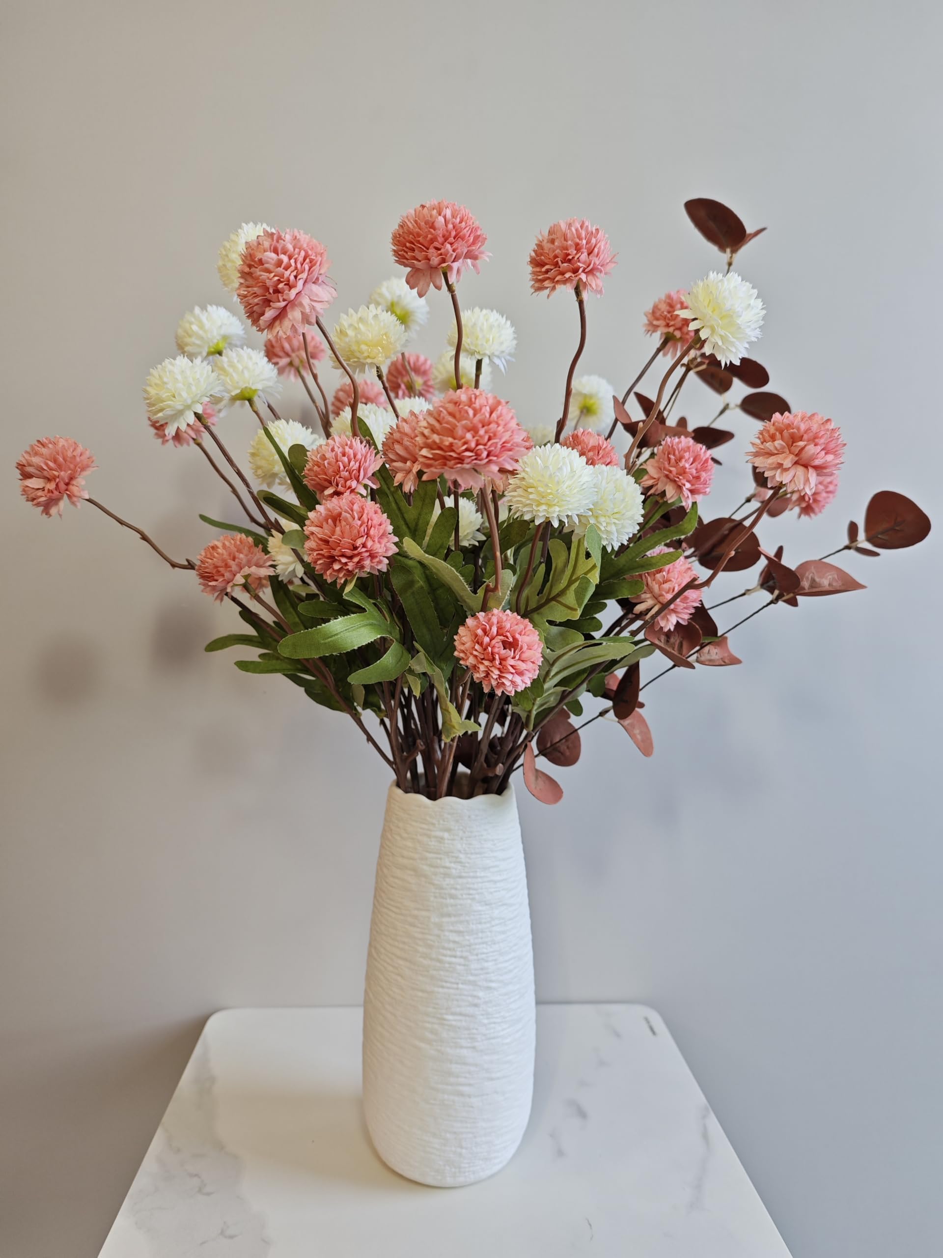 8 Stems Artificial Kiku Flowers with Eucalyptus, White and Pink Faux Silk Pom Pom Blooms for Wedding Bouquets, Home, Office, Party Floral Arrangements
