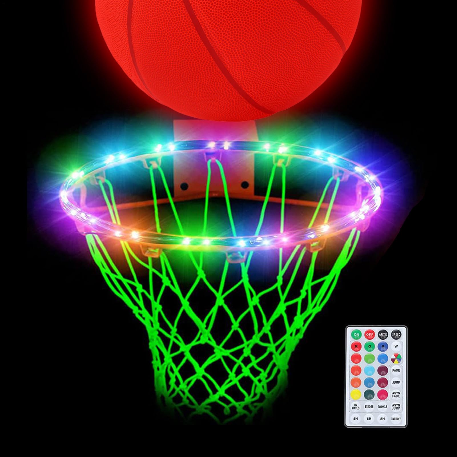 Luz LED para canasta de baloncesto, aro de baloncesto iluminado | 16 luces LED para borde con mando a distancia con cambio de color | Resistente al agua, mando a distancia, ultra brillante, 4 modos