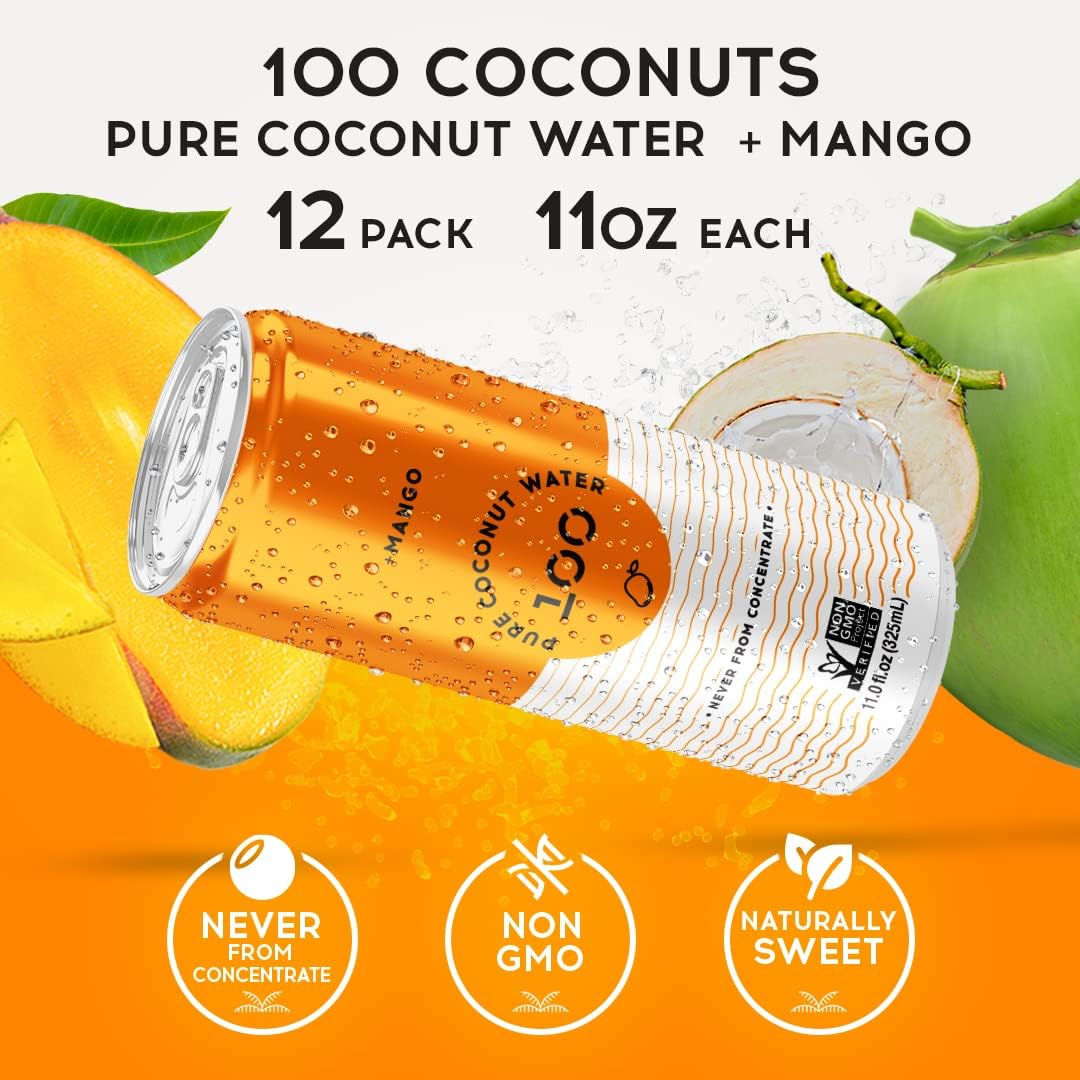 100 Coconuts Mango Flavored Pure Coconut Water, Non GMO, No Preservatives, 11 Fluid Ounces (Pack Of 12)
