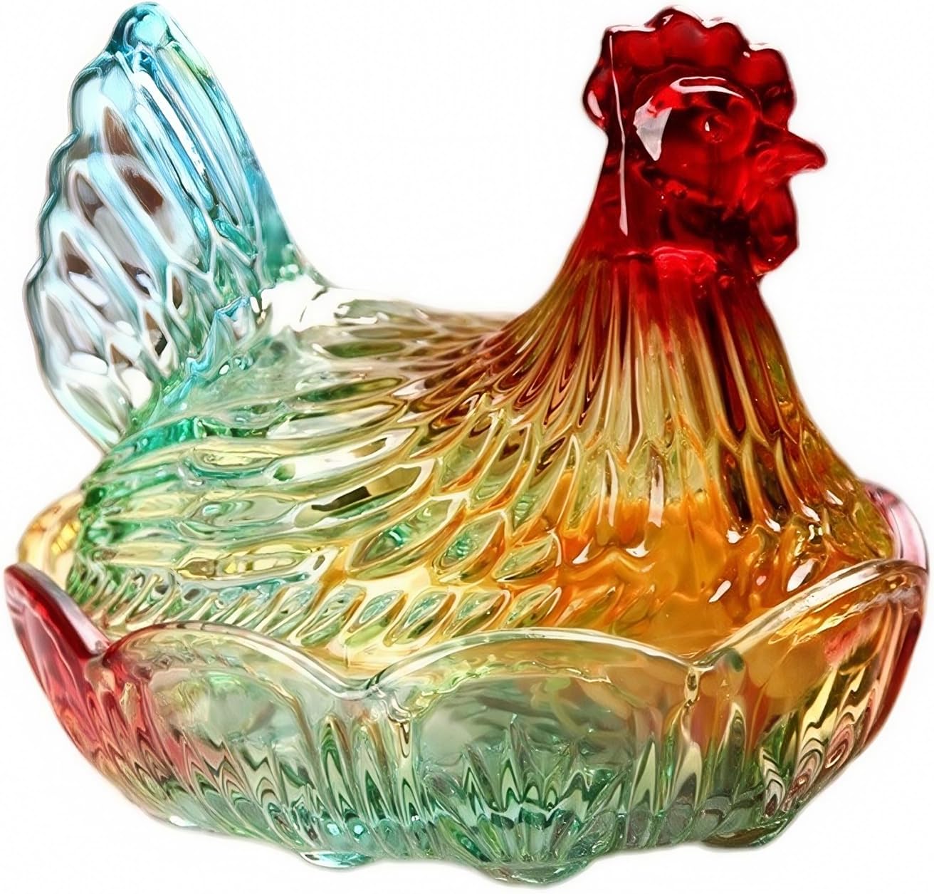 Falytemow Glass Crystal Hen-Shaped Candy Dish, Creative Chicken Design Fruit Bowl with Lid for Tabletop Decoration, Dessert Snack Plate for Home, Office, Wedding Decor, Large (Multicolored)
