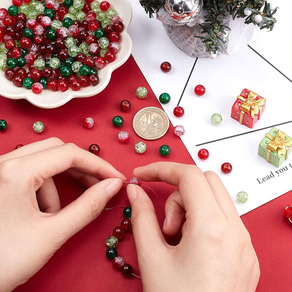 PH PandaHall 200pcs 8mm Christmas Glass Beads 5 Colors Red Green Crackle Beads Baking Painted Bead Round Loose Bead for Bracelet Necklace Earrings Jewelry Making - Image 6