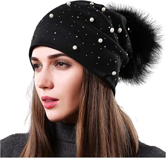 xsby Womens Knitted Beanie Ski Hat with Fur Pom Pom