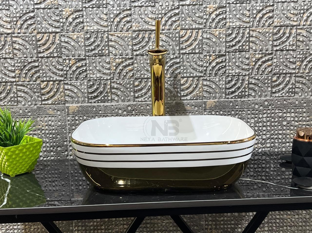 Nexa Bathware Rectangular shape Luxury Table Top Sanitary Ware | Ceramic Countertop Vessel Sink | Wash Basin Over Counter For Bathroom And Livingroom Decor -GOLD (18X13X6 inch) NC-152