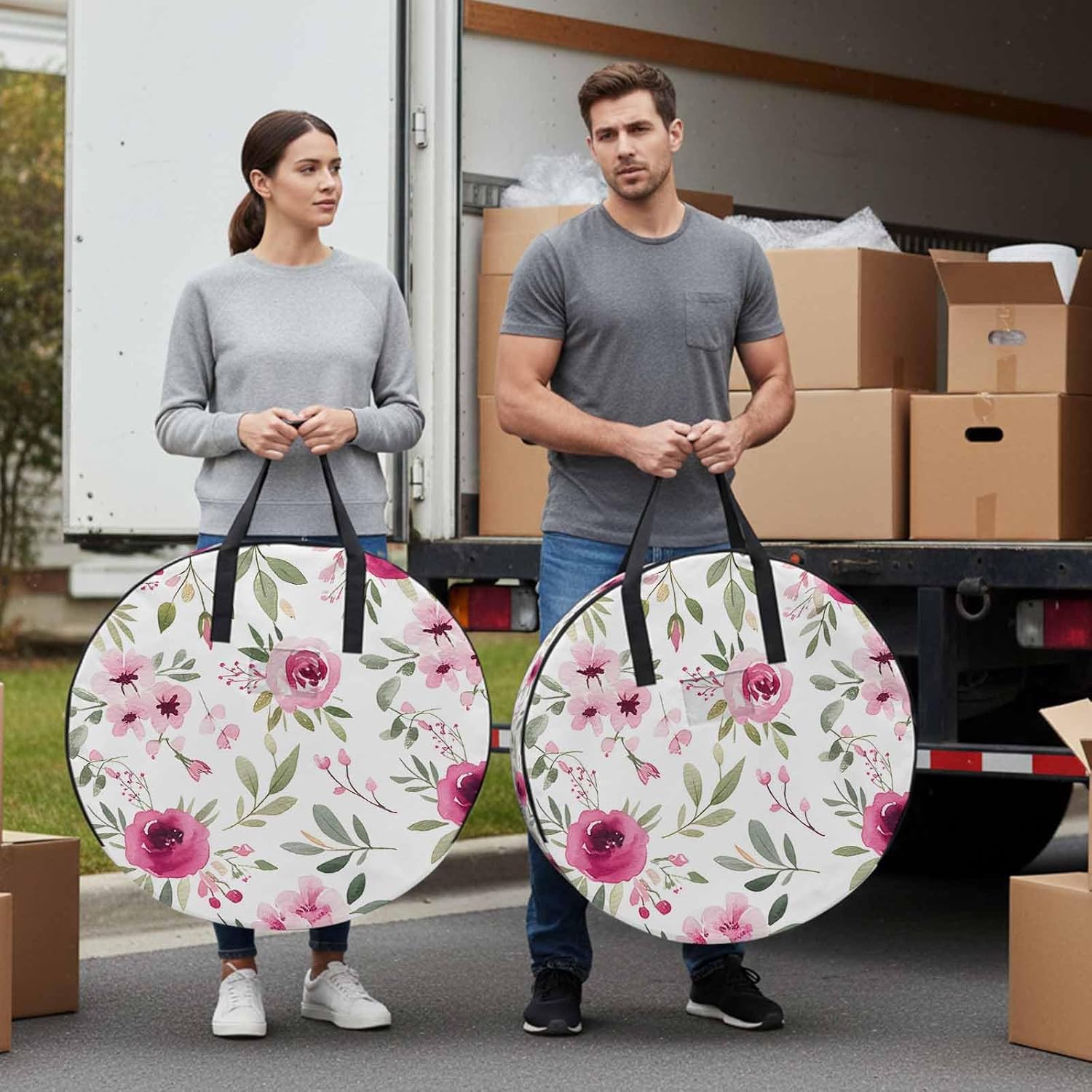 Storage Bag Pink Flowers Round Storage Totes Bins Closet Organizers with Zippers & Handle Floral Leaves Plant Clothes Storage Container for Bedroom Dorm Space Saving Packing Supplies Moving Bags
