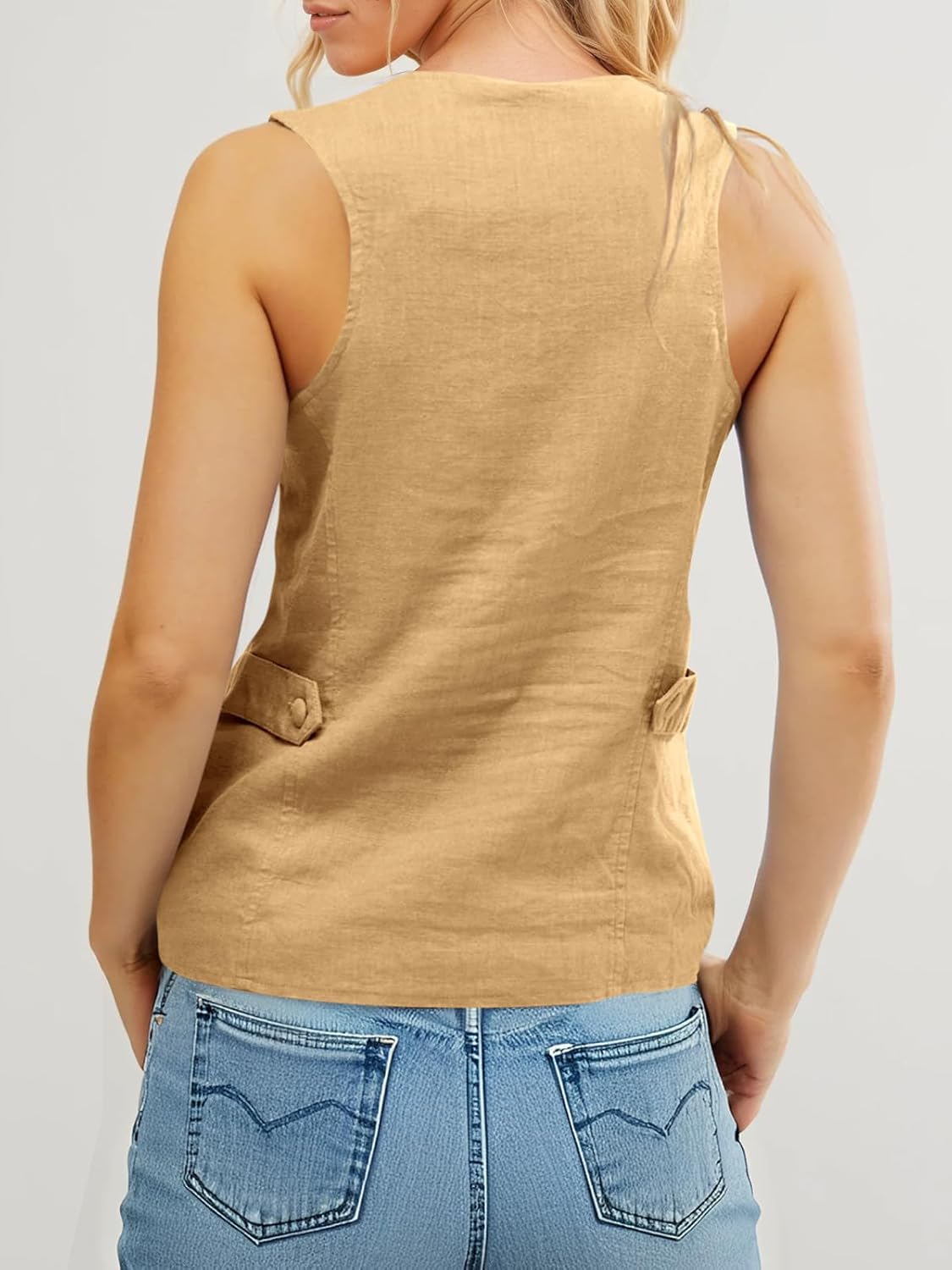 Tankaneo Womens Scoop Neck Blazer Vest Summer Linen Sleeveless Fitted Waistcoat Work Casual Cotton Suit Tops - Image 5