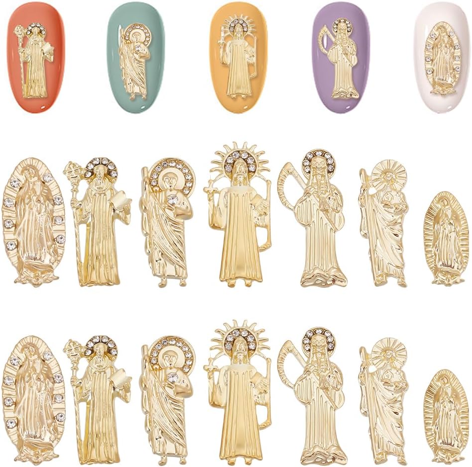 OLYCRAFT14pcs 7 Style Virgin Mary Nail Art Charms - Gold Alloy Nail Art Studs & Decorations - Religious Theme Rhinestones Accessories for DIY Crafts & Manicure